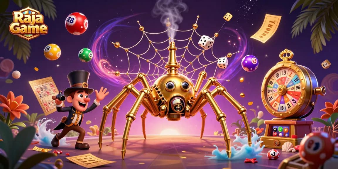 Engage with Raja Game, featuring a steampunk spider in a dynamic scene of lottery elements.