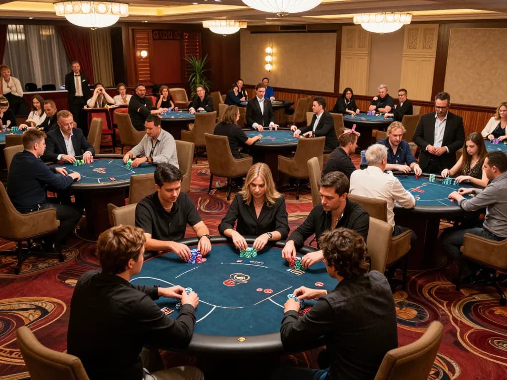 Sunwin poker tournament showcasing engaged players at well-stacked tables under warm lighting.