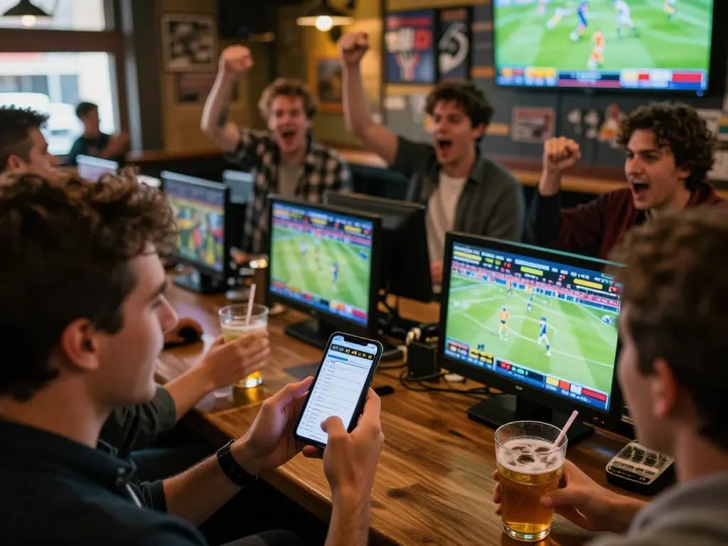 Soi kèo nhà cái in vibrant sports bar, patrons engaged in live betting excitement
