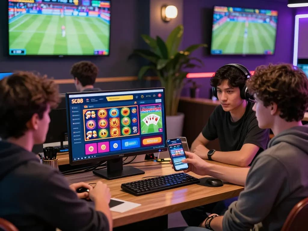 Dynamic online betting scene at https://sc88e.com/ with users excitedly engaging with the app interface showcasing vibrant game options.