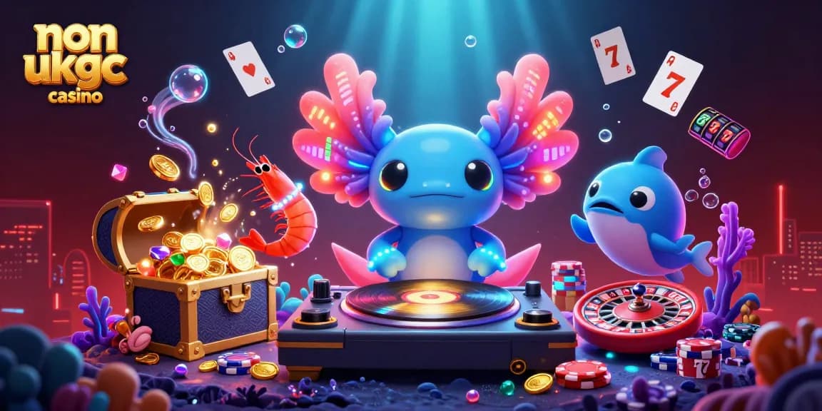 Experience the excitement of a non ukgc casino with vibrant axolotl DJ and friends celebrating under the sea.