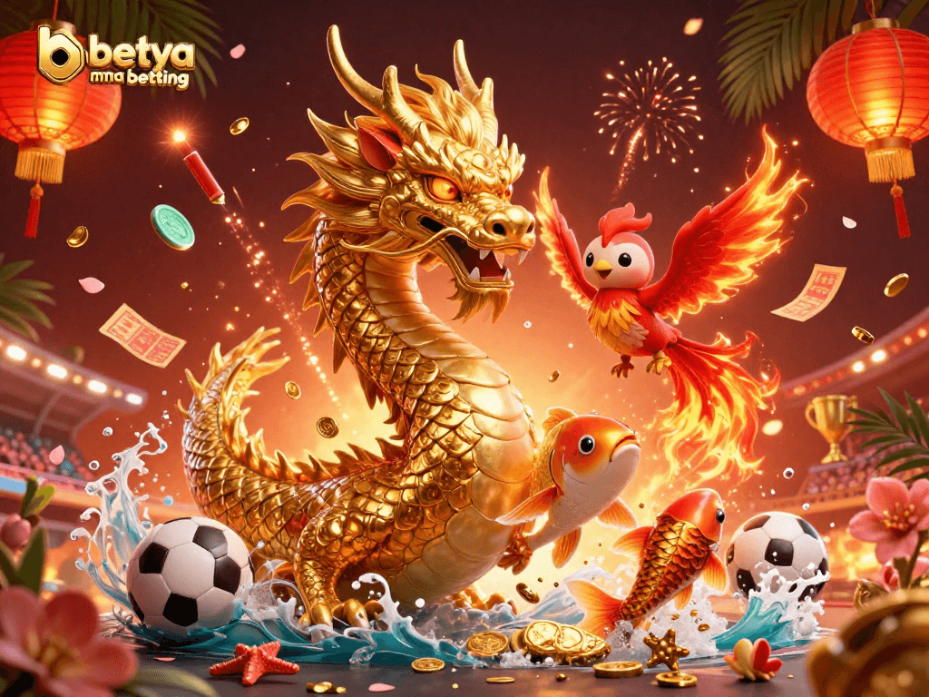 Experience the excitement of betya mma betting with a vibrant 3D illustration featuring a golden dragon, phoenix, and koi fish.
