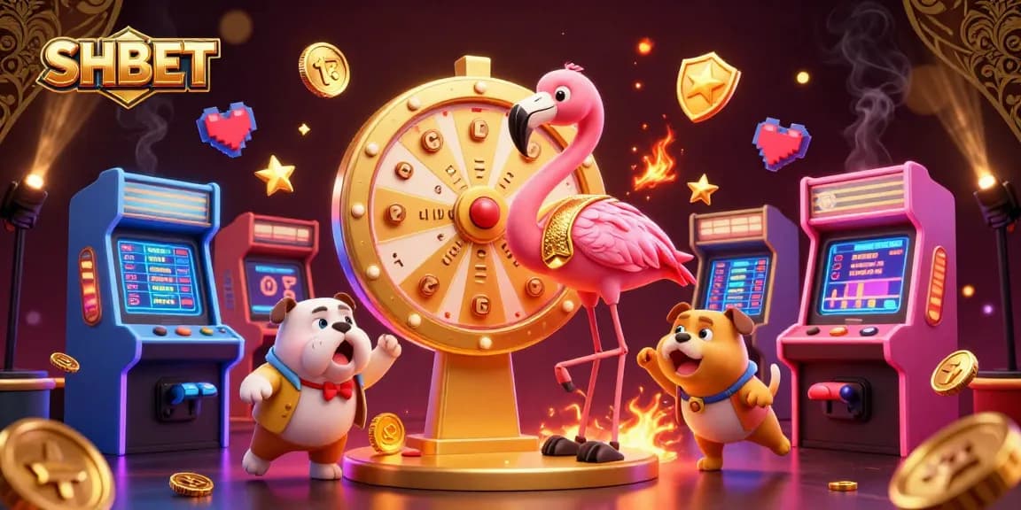 Exciting SHBET casino scene with a flamingo host and bulldog contestant surrounded by gaming elements.