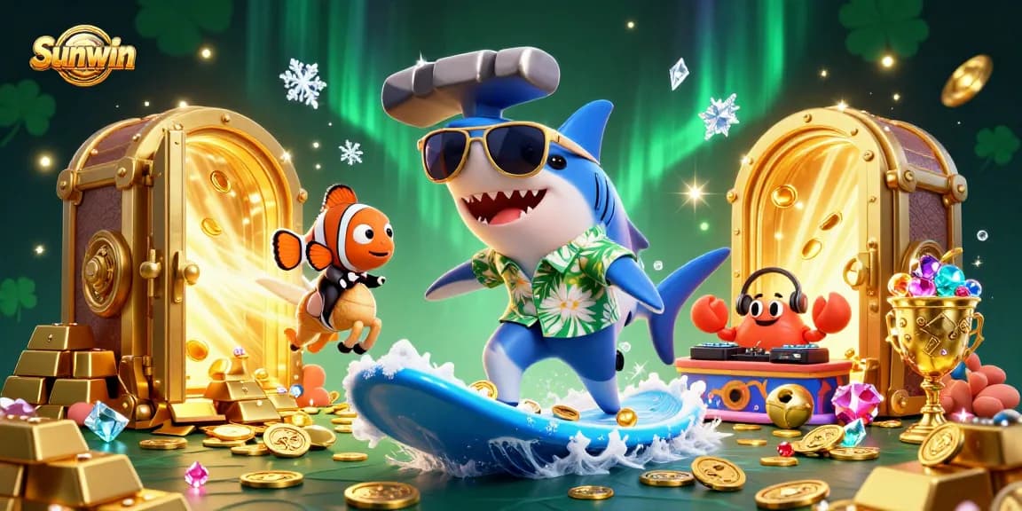 Sunwin casino shines with a shark and stylish characters amidst gold coins and gems.