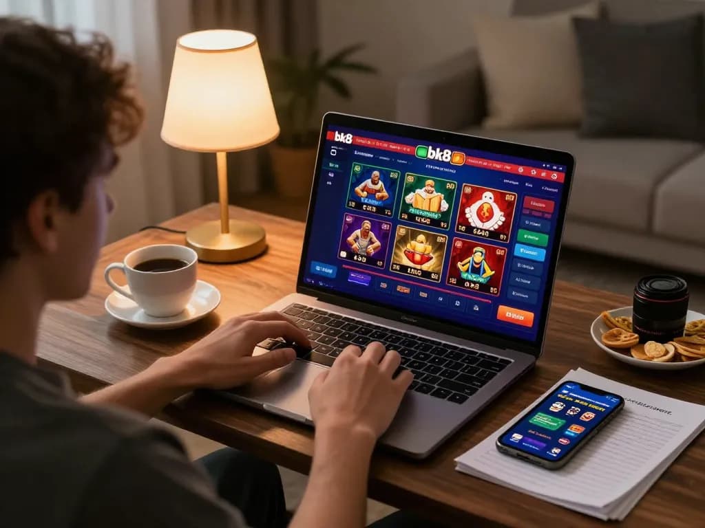 Engaged player exploring bk8 online casino games on a laptop at home, showcasing a cozy gaming atmosphere.