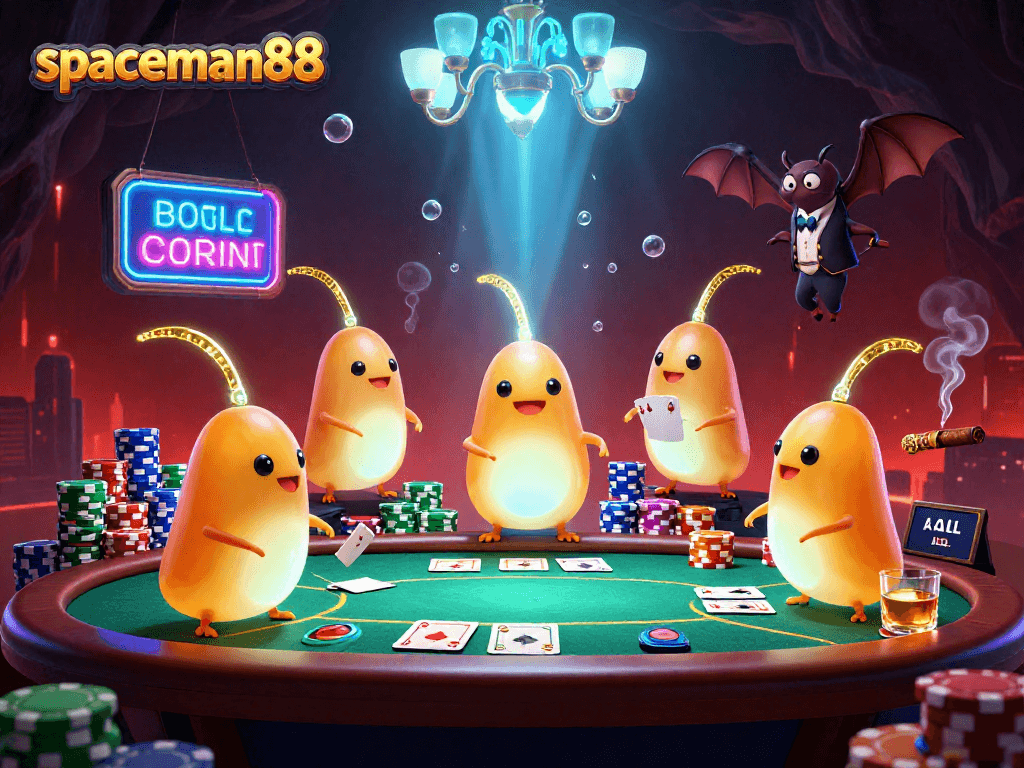 Spaceman88 casino adventure featuring colorful glowworms illuminating a vibrant poker table scene.