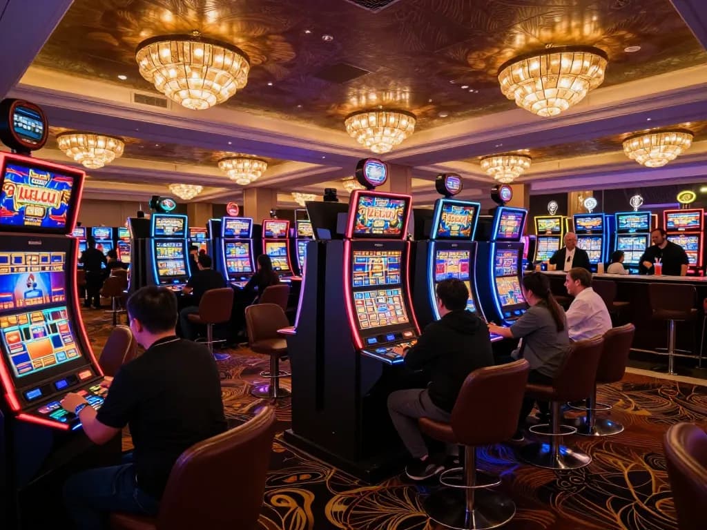 Players enjoying various slot machines at a lively casino, captured for hoorayblog's 2026 gaming insights.