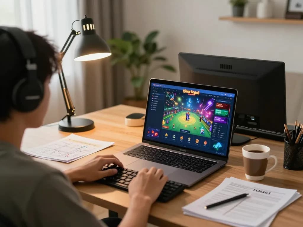 Menggambarkan pengalaman pemain yang menarik di situs togel melalui permainan laptop, menampilkan permainan online yang strategis.