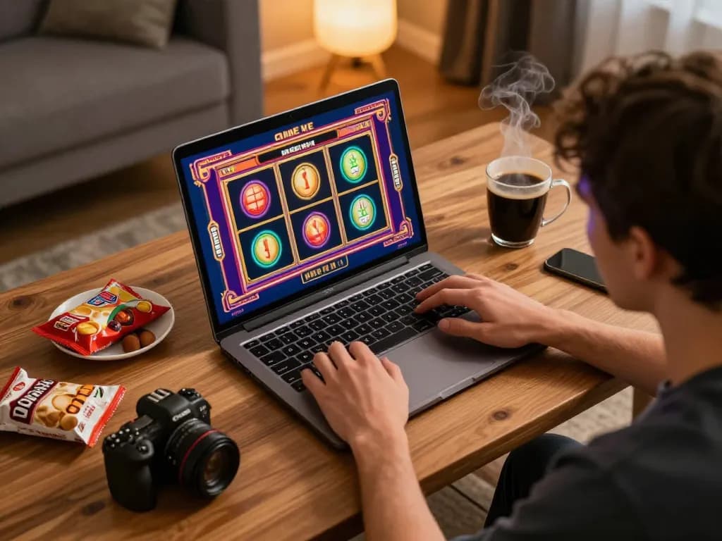 Player enjoying an exciting online gaming session with open888 slot machine interface at home