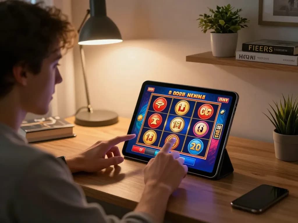 HB88 player enjoying an exciting online slot game on a tablet in a cozy home setting.