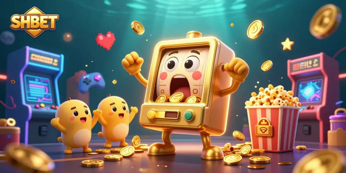 Experience SHBET's exciting slot machines as coins overflow with joyful cheers and vibrant game elements.
