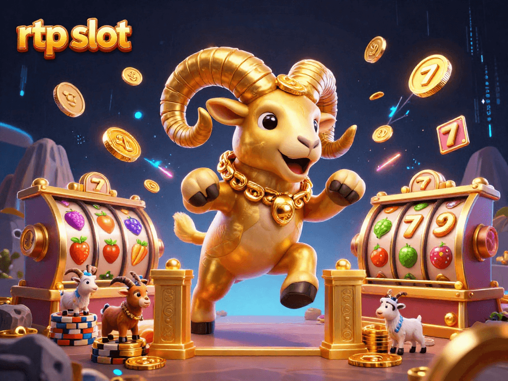 Mengungkapkan rtp slot dengan ram emas besar dan simbol slot, menyoroti kemenangan besar di dunia perjudian online.