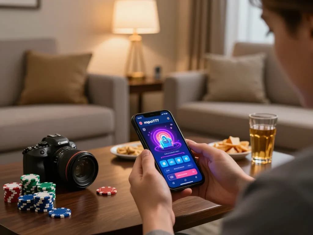 MPO777 app displayed on smartphone during an engaging online gaming session with cozy home ambiance.