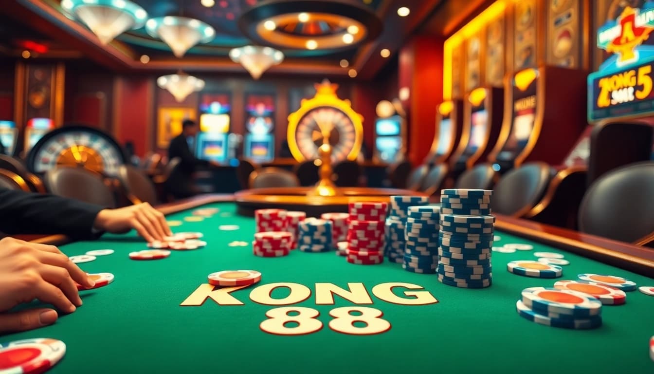 Experience high-stakes action at KONG 88 with vibrant poker chips and thrilling game tables.