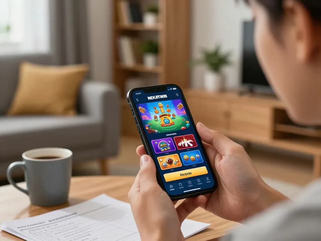 Engaging with NEKATWIN mobile casino app showcasing vibrant game graphics in a cozy home environment.