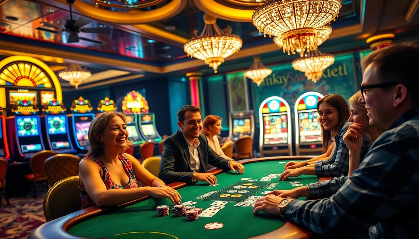 Players enjoying the excitement at sepuhplay casino with vivid poker action and slot machines.