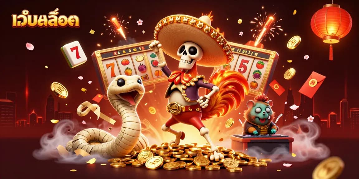 Experience the excitement of เว็บสล็อต with vibrant characters celebrating on golden coins and slot elements.