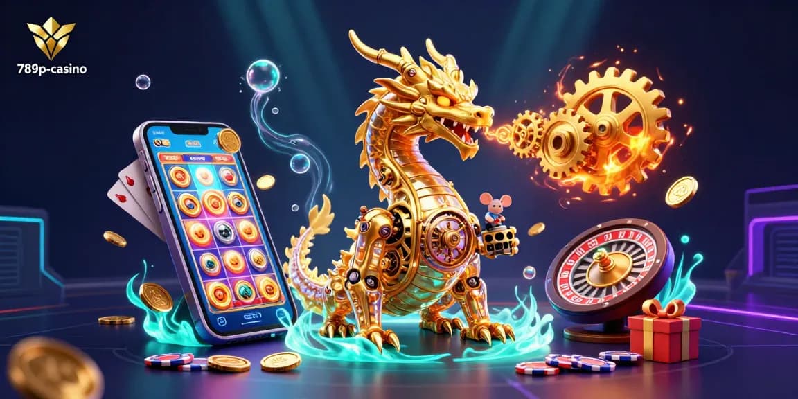 Experience thrilling gameplay at 789p-casino with a dynamic 3D illustration of a golden dragon and casino elements.