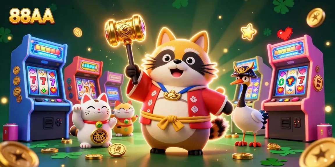 Engage with 88AA gaming excitement as cheerful characters enjoy casino fun and vibrant game elements.