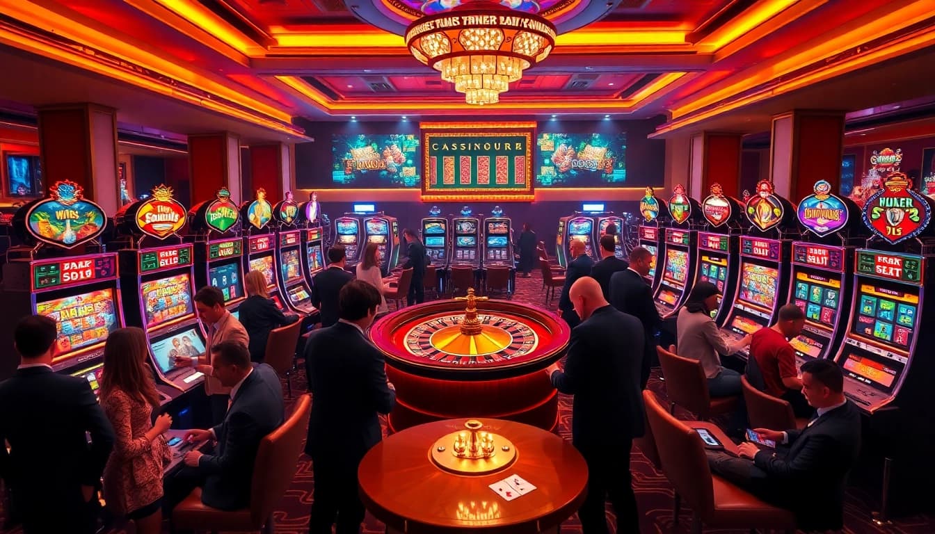 KJC gaming hall vibrant slot machines and roulette wheel, showcasing cổng game kjc atmosphere.