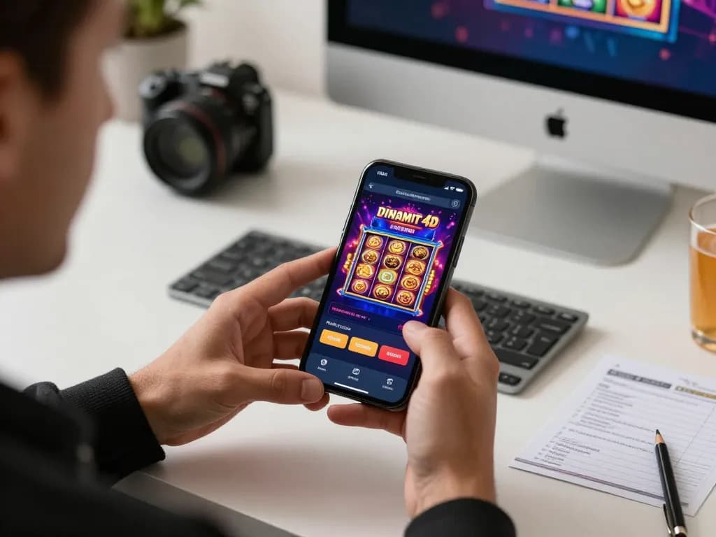 Engaging mobile gaming with dinamit4d app in modern workspace, highlighting responsible fun