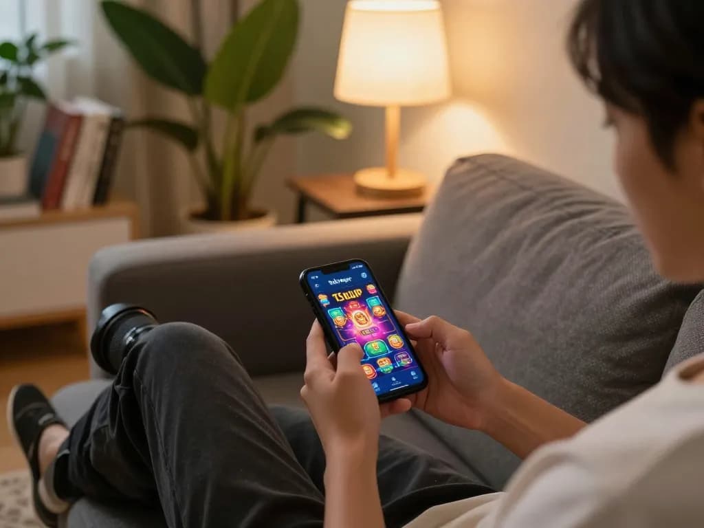 Tải app Bsport on a smartphone while relaxing at home in a cozy gaming setup
