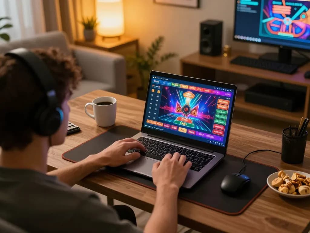 Engaging in an online casino game with CUCU777, showcasing an immersive gaming setup and responsible play.