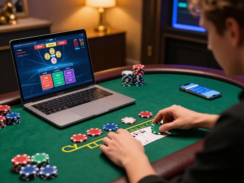 Engaging online gambling moment showing a player at home with blackjack on screen, reflecting a strategic gaming atmosphere at bagus-surfcamp.