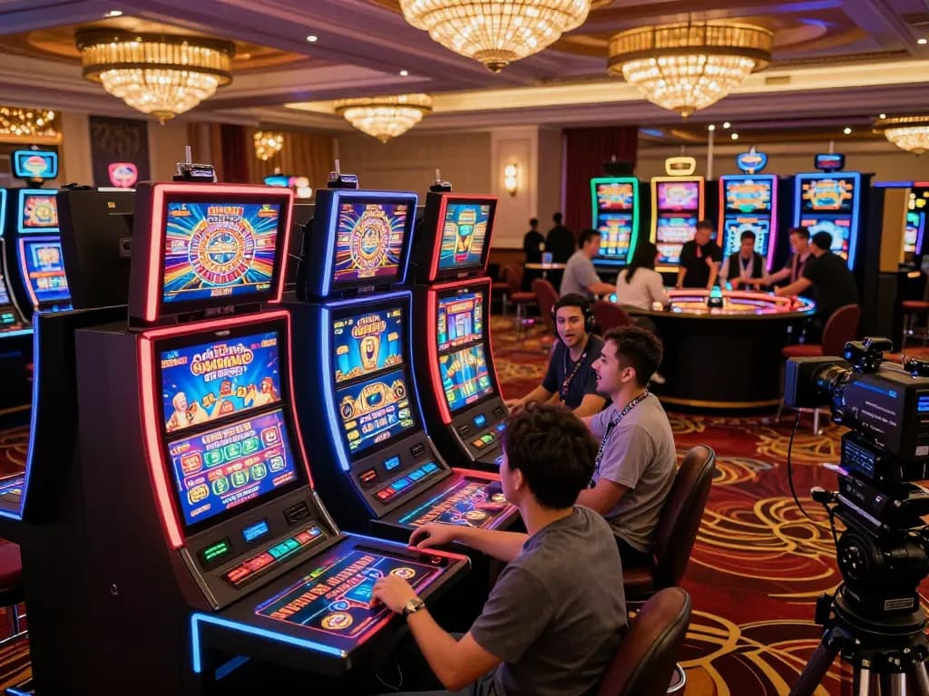 Players enjoying fun88 slot machines in a vibrant casino atmosphere, showcasing excitement and engagement.