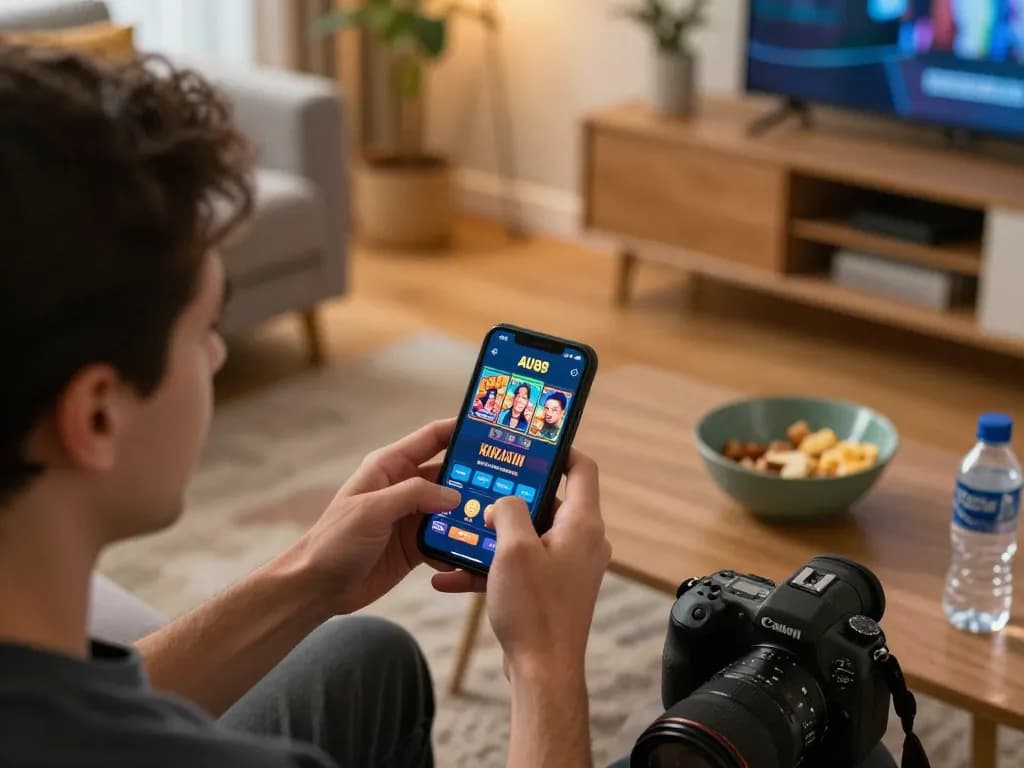 Player engaged with AU88 casino app on smartphone during a cozy home gaming session.