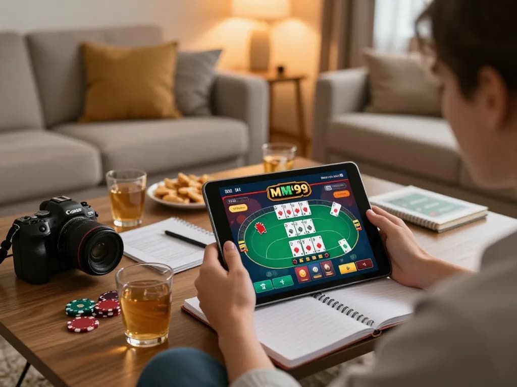 Player enjoying MM 99 online poker game on tablet in inviting home setup, showcasing exciting atmosphere and strategy.