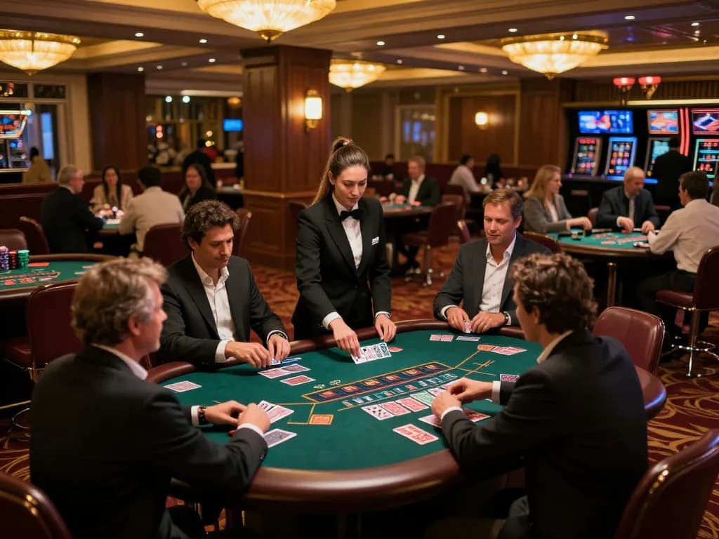Players enjoying a thrilling game of blackjack at the stylish Da88 casino table, showcasing strategic betting and dynamic gaming.