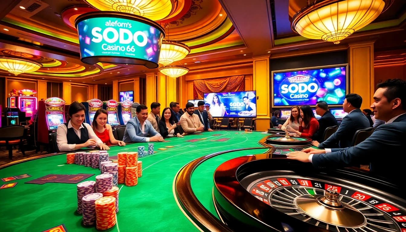 SODO CASINO 66 players engaging joyfully at vibrant casino tables with poker chips and slot machines.