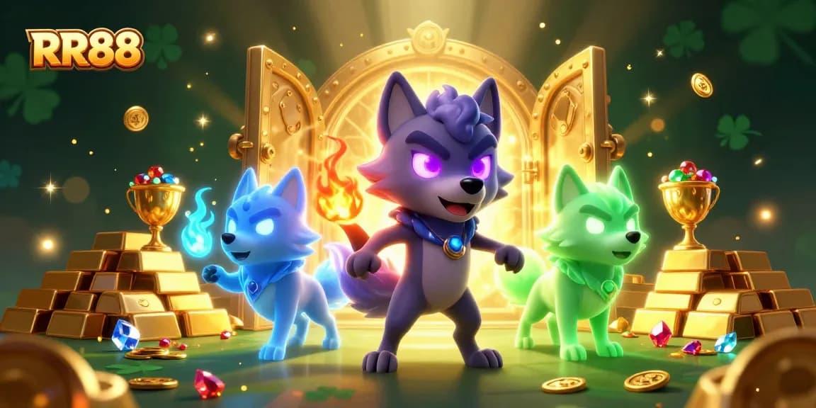 Experience the excitement of RR88 with glowing wolves and treasures bursting in this 3D illustration.