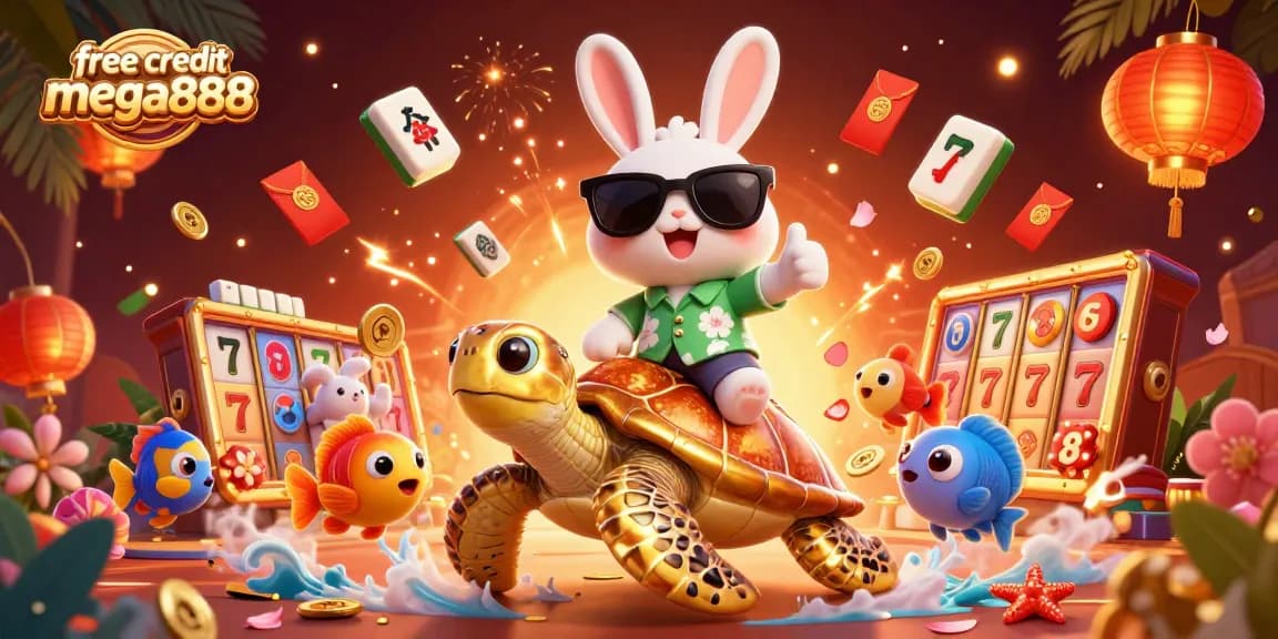 Experience thrilling wins using free credit mega888 with colorful characters and casino elements in action.