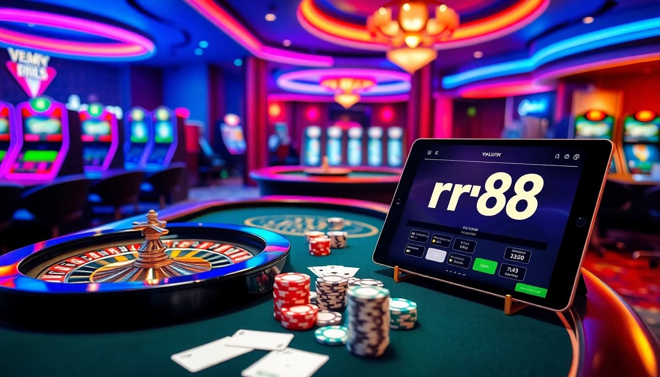 Experience the thrill of rr88 at a luxurious casino with vibrant gaming elements.