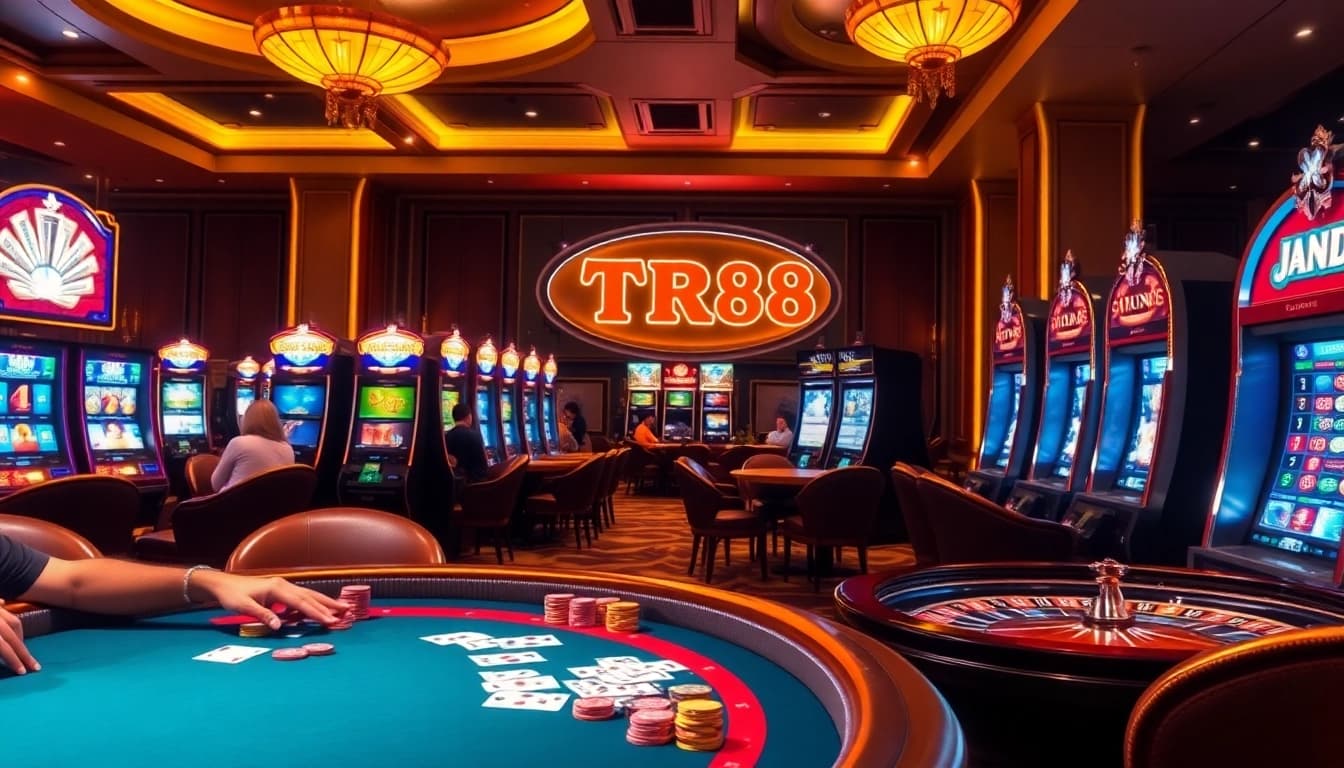 Experience the thrill of TR88 poker action at a vibrant casino table with engaged players and colorful chips.