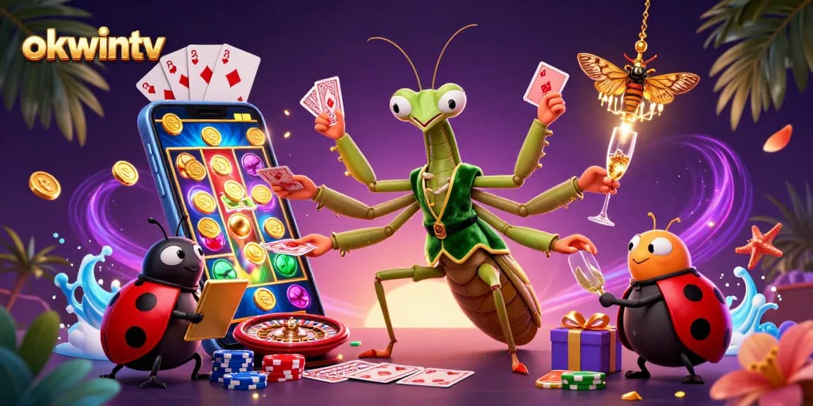 Experience thrilling games on okwintv with vibrant visuals of a casino-themed illustration.