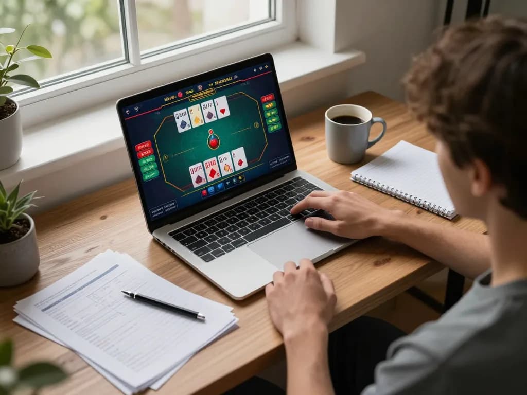 Player enjoying an online poker game at home on a laptop, engaging with FAFA 828 for superior gaming experience