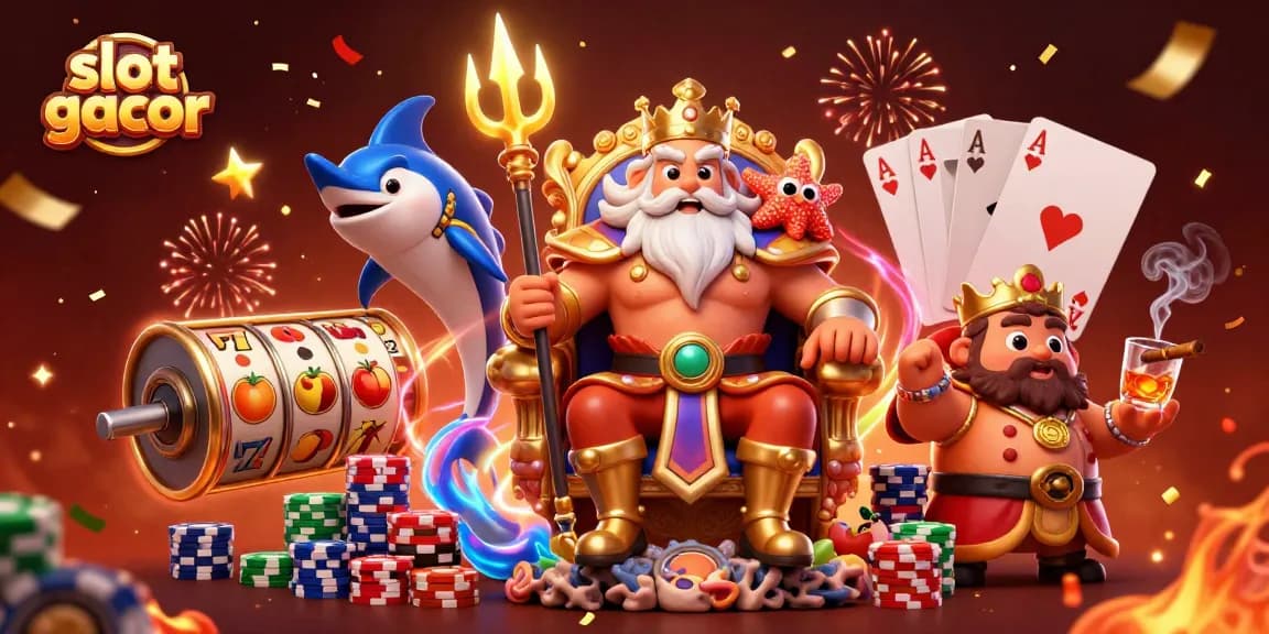 Menangkan slot gacor dengan ilustrasi kasino yang kaya warna dan detail, menunjukkan berbagai elemen permainan.