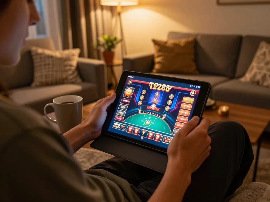 Engaging in online gaming with TO288 on a tablet in a cozy home setting