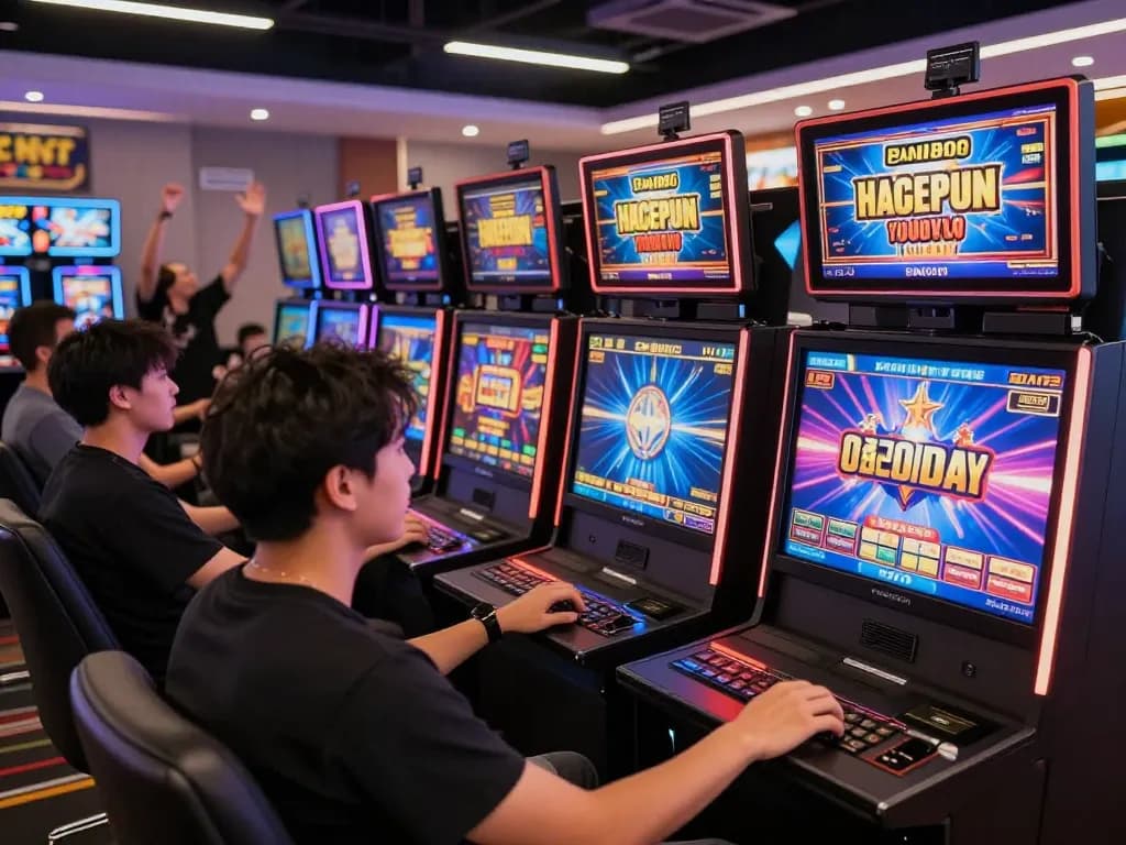 Suasana permainan dinamis yang menampilkan pemain menikmati danamax777 daftar di mesin slot berwarna-warni dalam suasana kasino yang hidup.