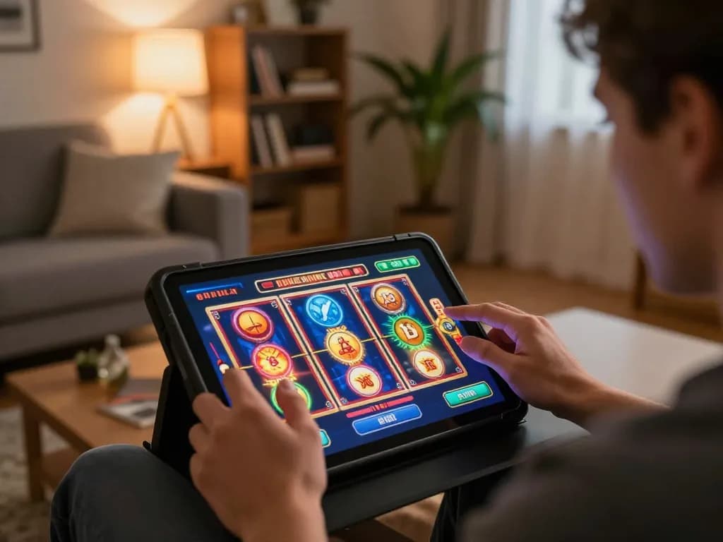Engaging with octaslot on a tablet in a cozy home setting, highlighting colorful online gaming.
