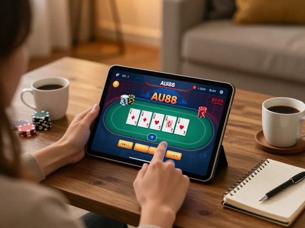 Person engaging in online gambling on AU88 using a tablet, showcasing poker gameplay and strategic betting.