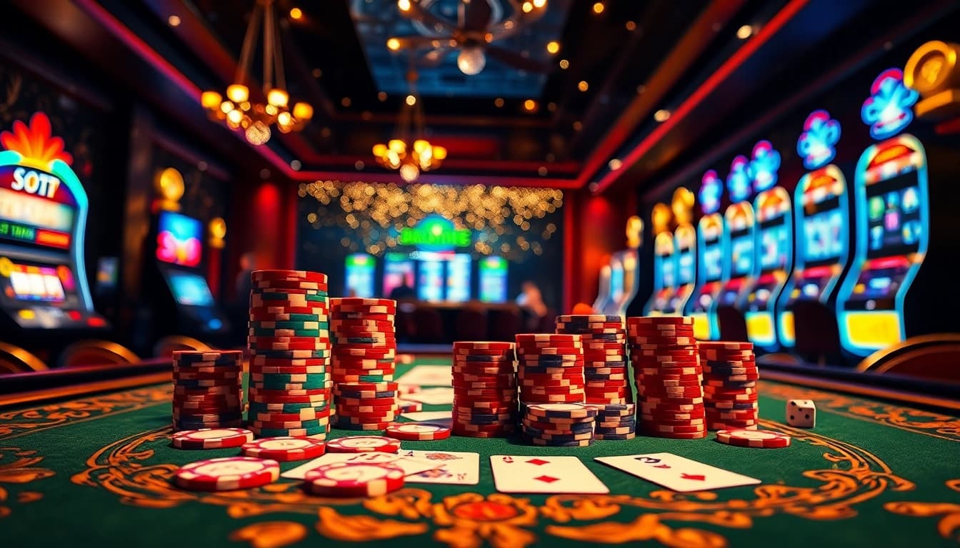 Engaging casino bonuses table with colorful chips in an exciting gaming atmosphere.