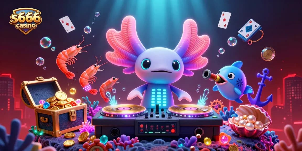 Join the excitement at s666 casino with vibrant underwater action featuring a neon axolotl DJ and vibrant sea creatures.