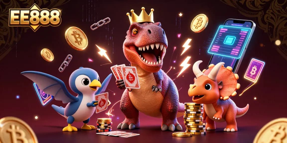 Experience gaming thrill with unique characters in the EE888 casino illustration.
