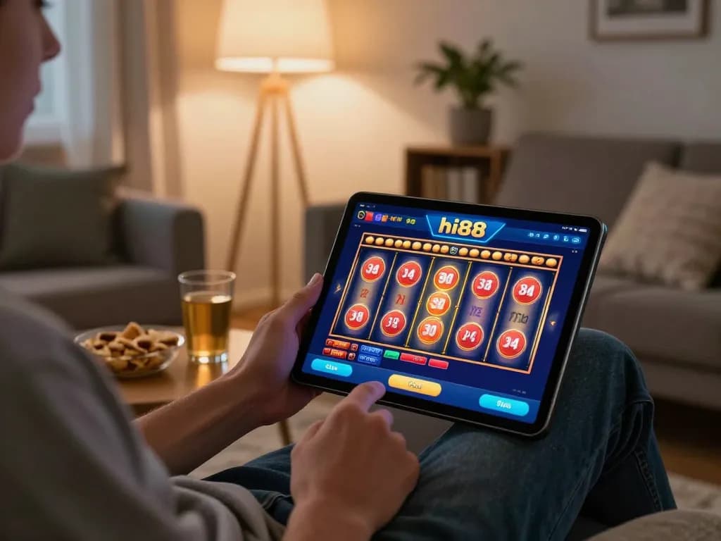 Play online casinos on hi88 app in a cozy living room with snacks and tablet interface