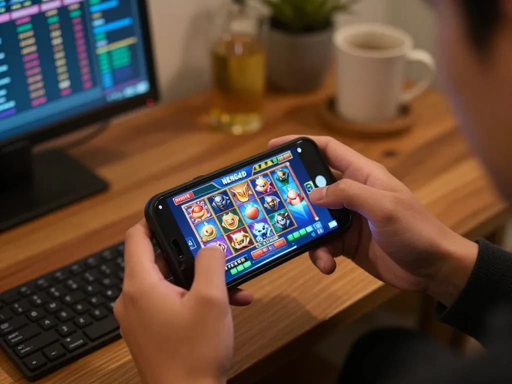 NENG4D slot mobile gaming experience in a cozy home setting, highlighting user engagement.