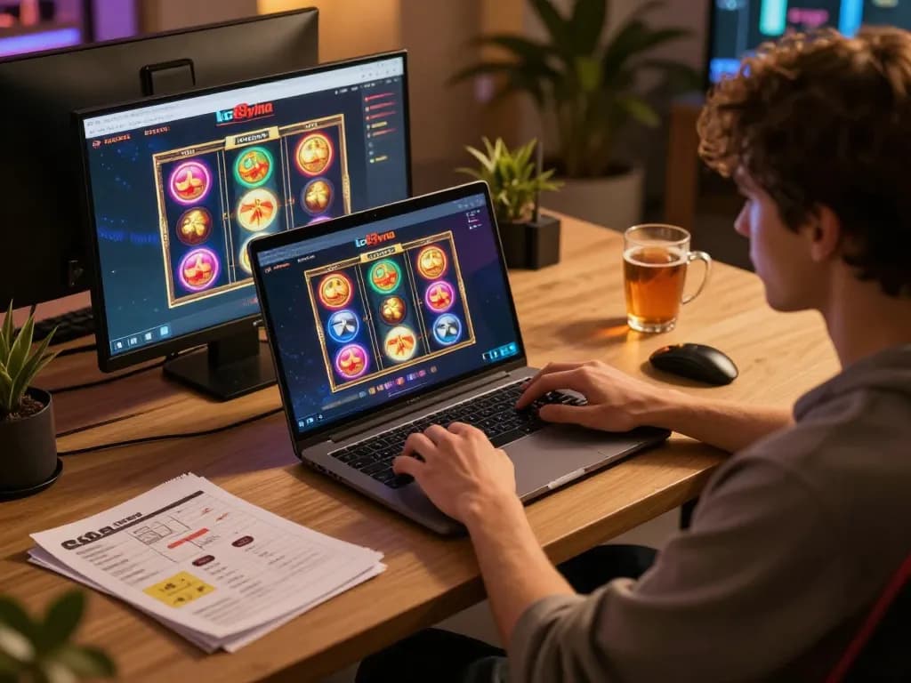 Engaging in an online casino experience at lc88vina with laptop displaying vibrant slot reels.